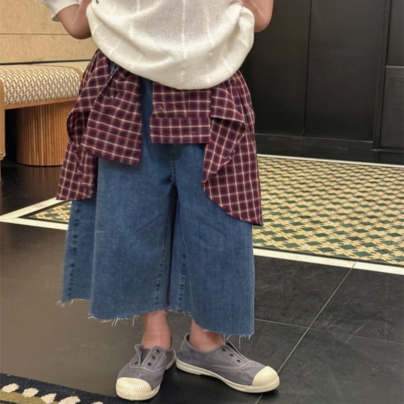 チェックレイヤード風ワイドデニムパンツ