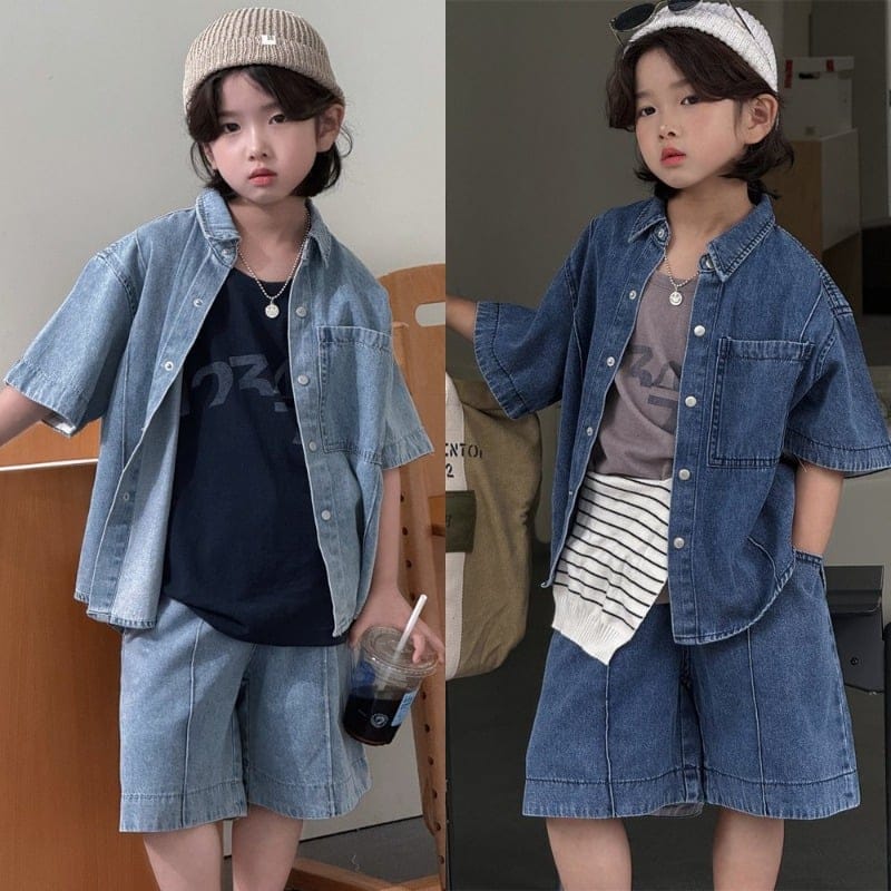 レトロデニム半袖シャツハーフパンツセットアップ