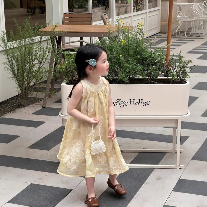 【KID】イエローフラワージャガードノースリーブワンピース