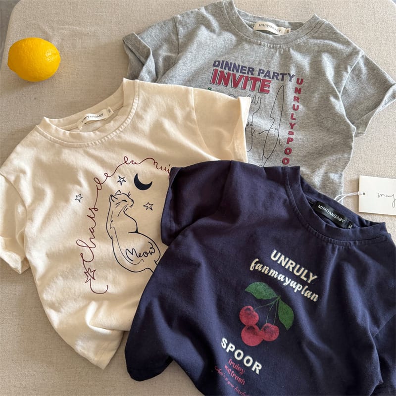 【KID】キャットチェリープリント半袖Tシャツ