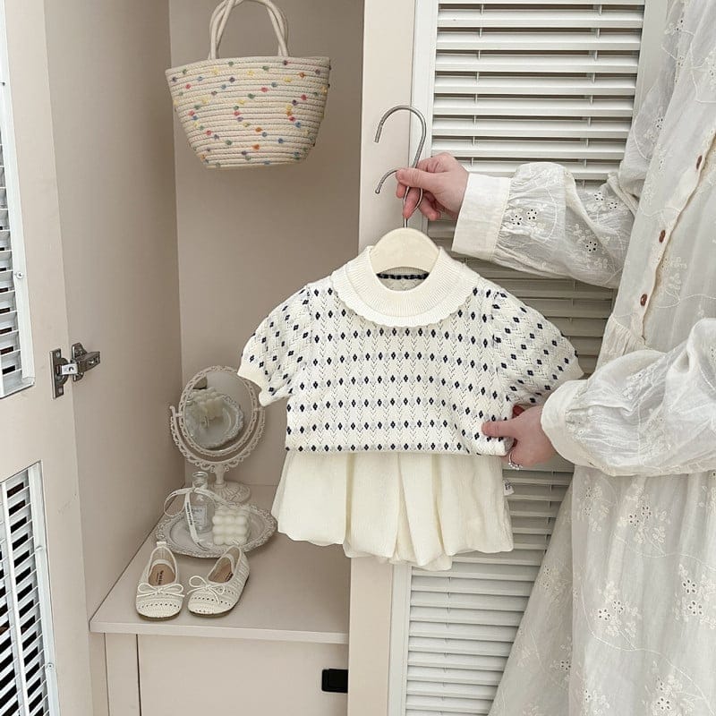 【BABY】透かし編みフラワー柄フリル襟ニット半袖Tシャツ