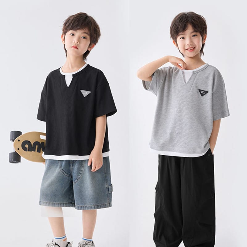 【KID】トライアングルパッチフェイクレイヤード半袖Tシャツ