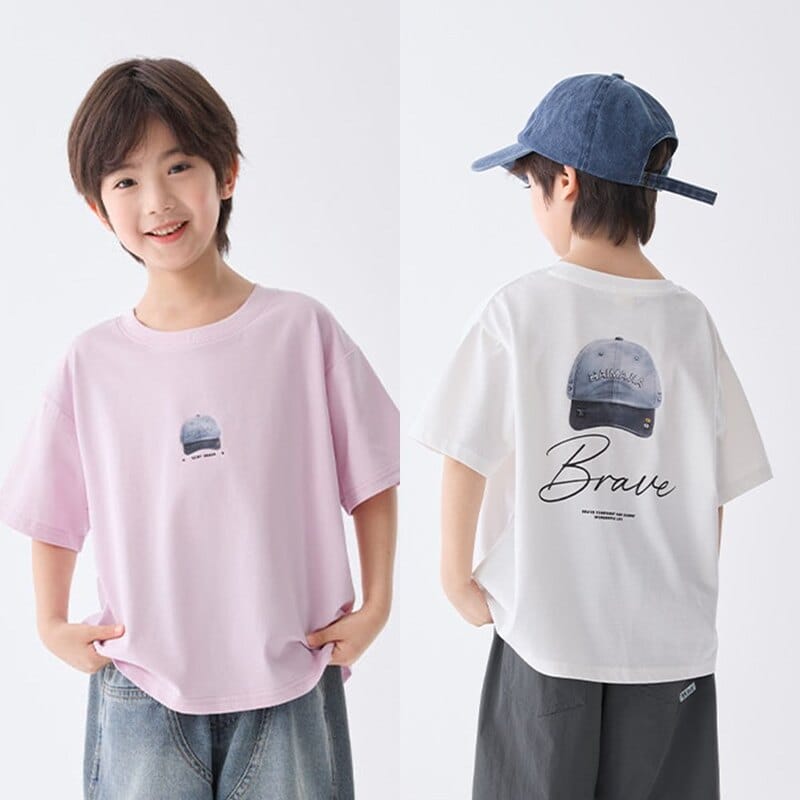 【KID】英字ロゴキャッププリント半袖Tシャツ