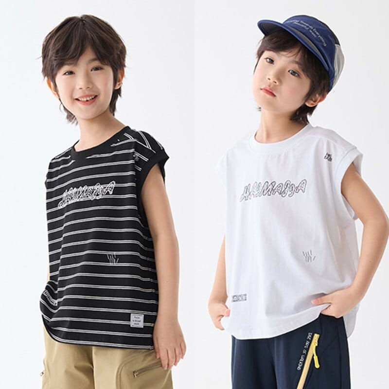 【KID】ロゴプリントストライプノースリーブTシャツ