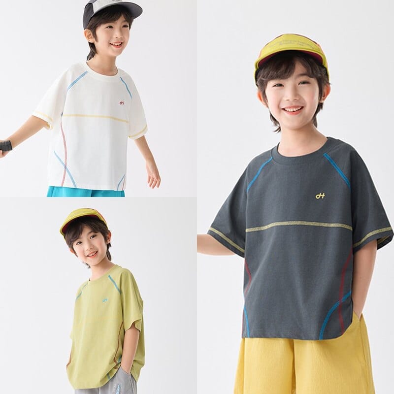 【KID】配色ステッチデザインクルーネック半袖Tシャツ