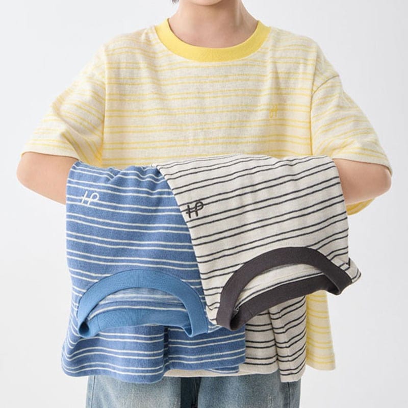 【KID】配色リブストライプ柄半袖Tシャツカットソー