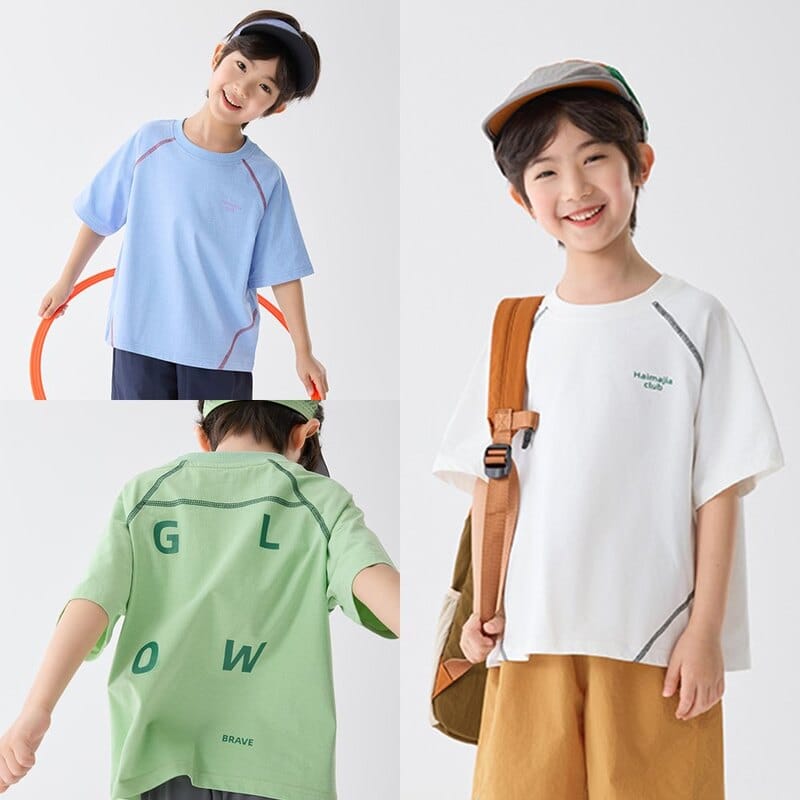 【KID】バックロゴ配色ステッチスポーティー半袖Tシャツ