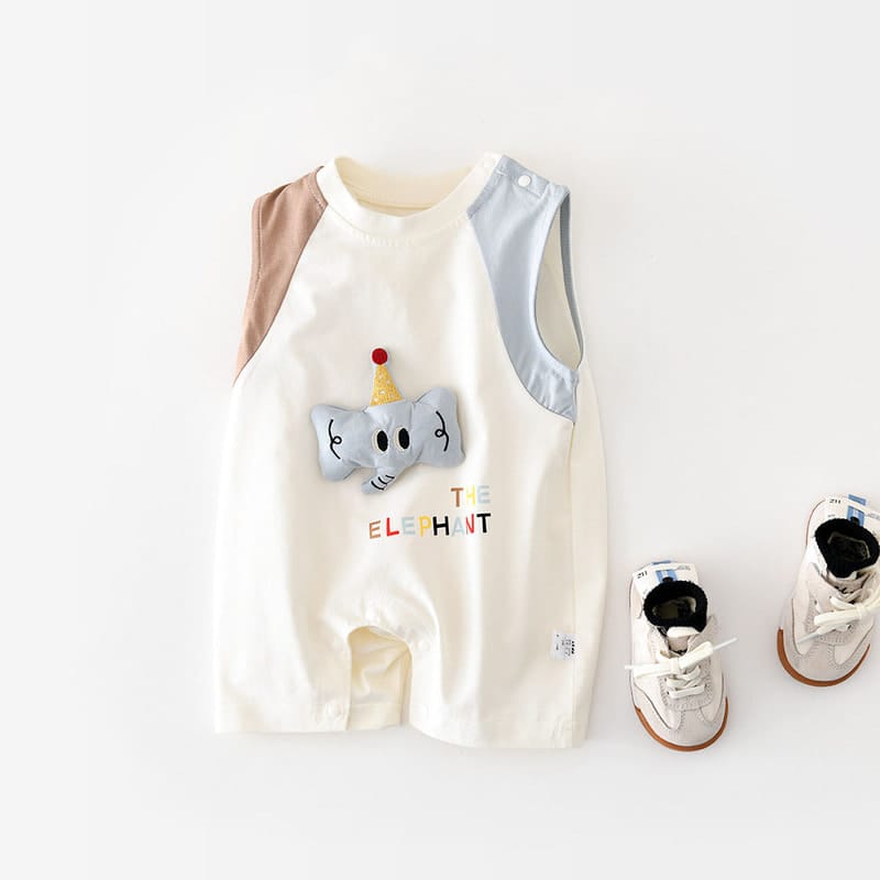 【BABY】ゾウアップリケ配色ノースリーブロンパース