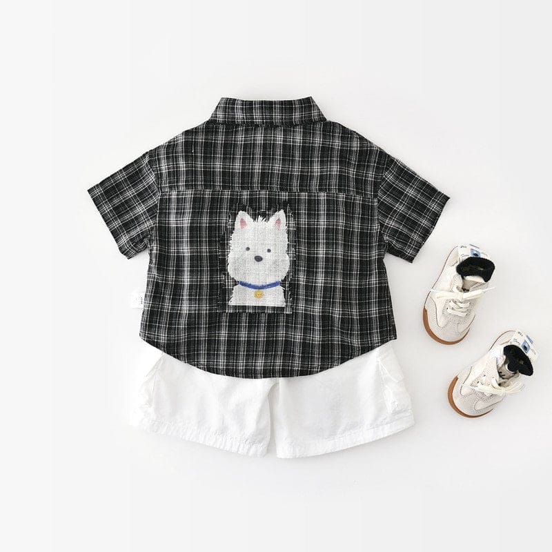 【BABY】ブラックチェックパピーイラスト半袖シャツ