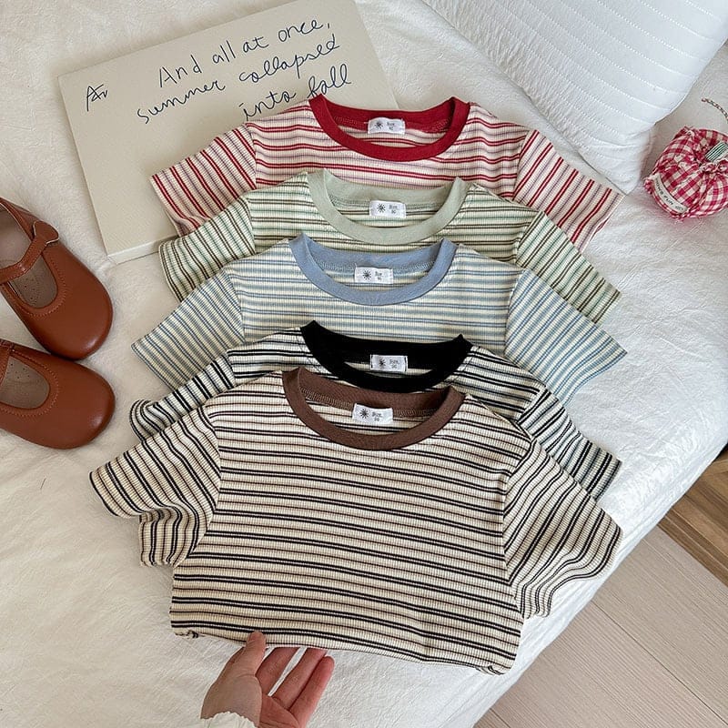【KID】レトロ配色ストライプ半袖クルーネックTシャツ