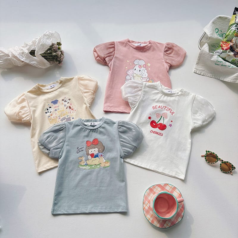 【KID】カートゥーンプリントメッシュパフスリーブ半袖Tシャツ