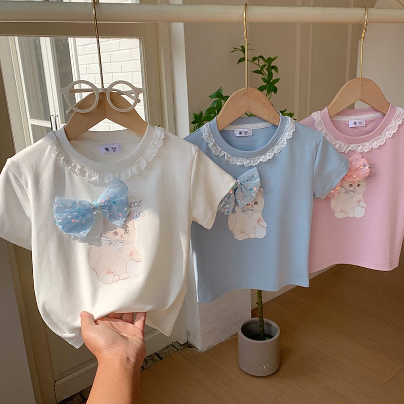 【KID】猫プリントレース襟リボン半袖Tシャツ