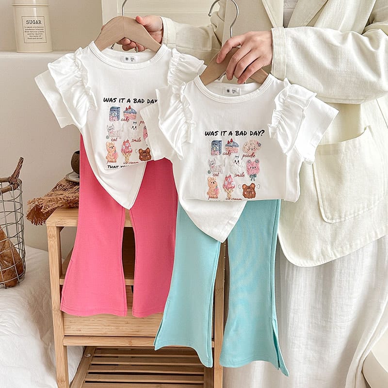 【セット】フリル袖キャラクター半袖Tシャツフレアパンツセットアップ