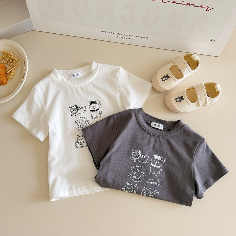【KID】子犬イラストプリント半袖カジュアルTシャツ