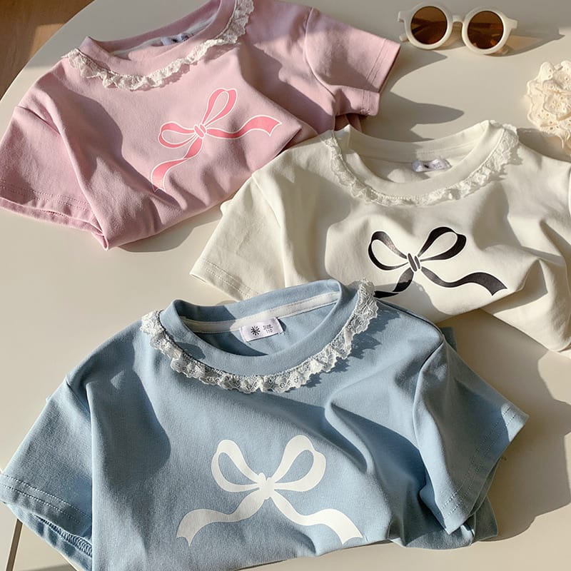 【KID】レースフリル襟リポンプリント半袖Tシャツ