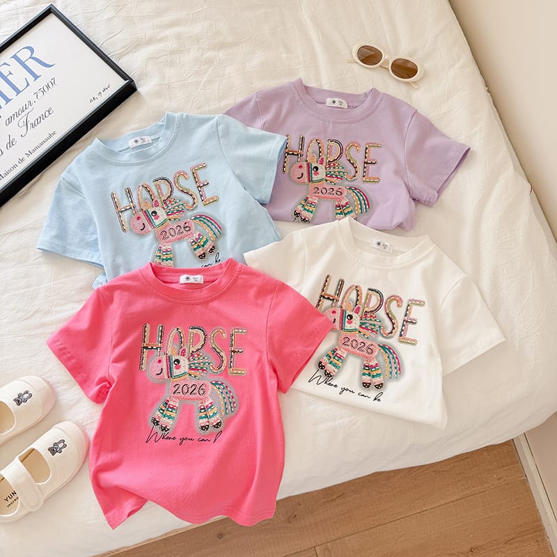 【KID】ラインストーンポニープリント半袖Tシャツ