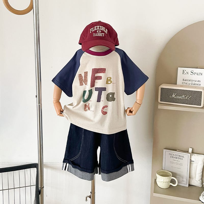 【KID】配色アルファベットプリント半袖Tシャツ