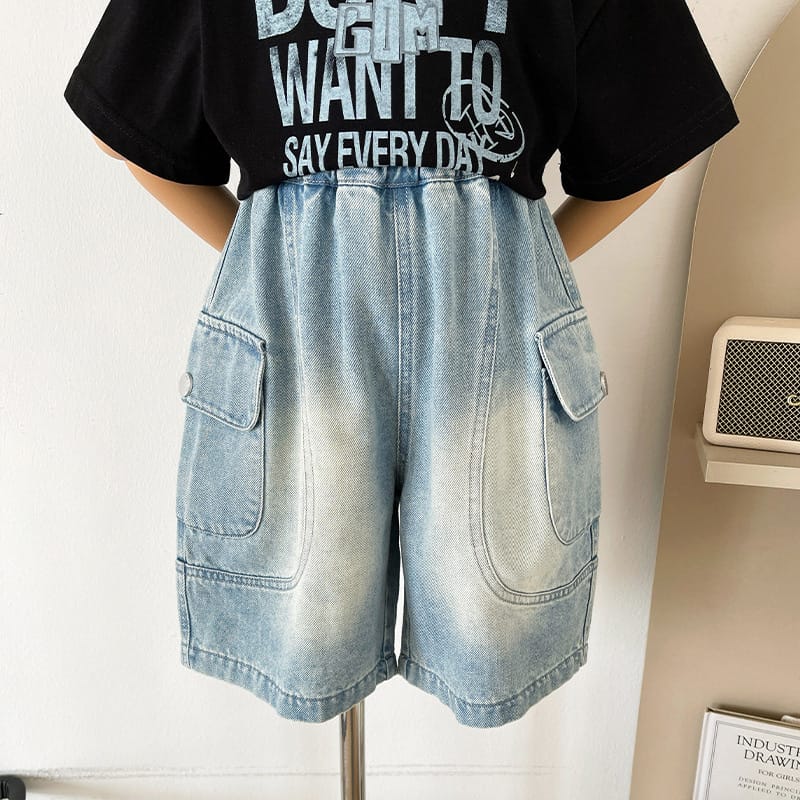 【KID】ウォッシュ加工ビッグポケットデニムハーフパンツ