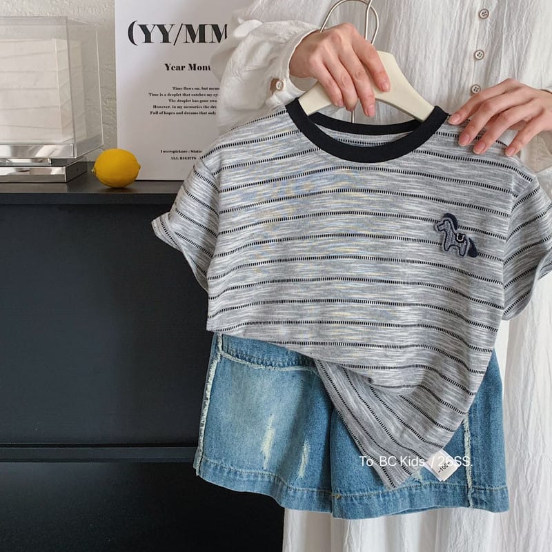 【KID】ポニーワンポイント刺繍ストライプ半袖Tシャツ