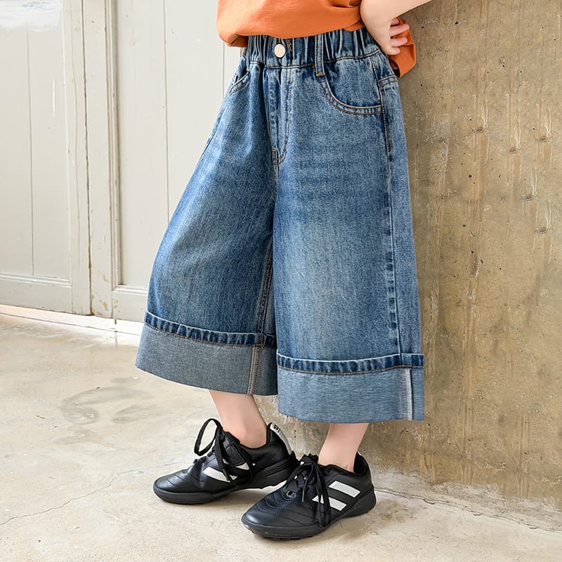 【KID】ウォッシュドワイドデニムクロップドパンツ