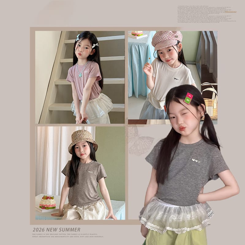 【KID】トリプルハート刺繍クルーネック半袖Tシャツ