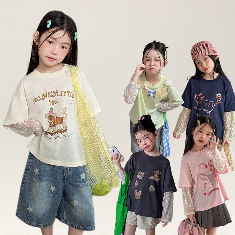 イラストプリントレース袖切替フェイクレイヤード半袖Tシャツ
