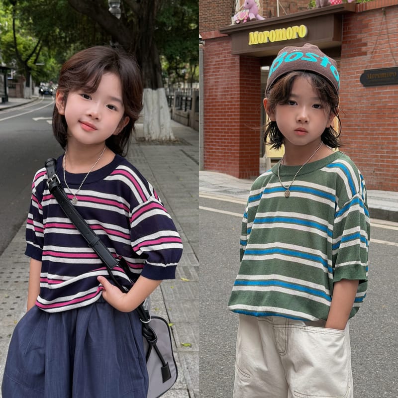 【KID】マルチストライプ半袖サマーニットTシャツ