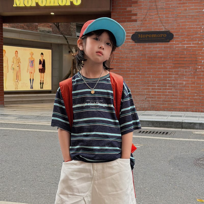 【KID】ネイビーストライプカジュアル半袖Tシャツ