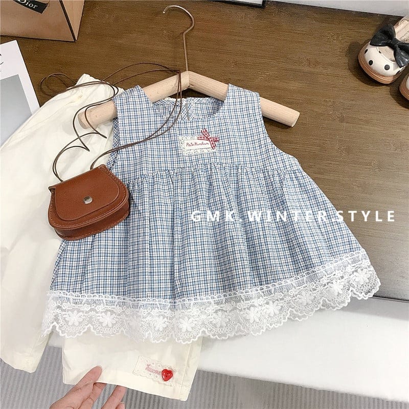 【セット】ブルーチェックレースノースリーブブラウスセットアップ