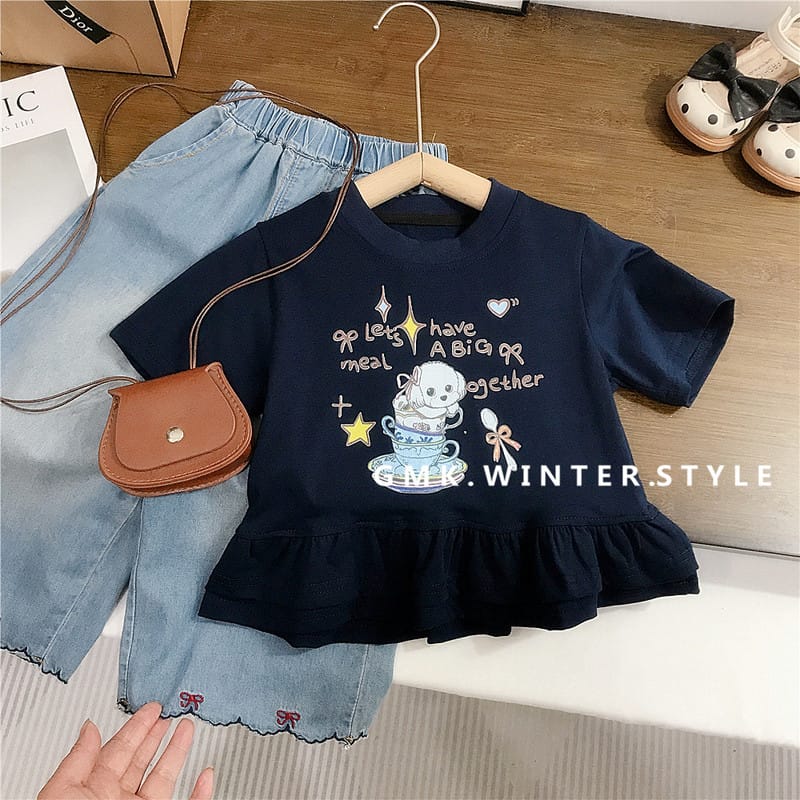【セット】裾フリルイラスト半袖Tシャツデニムパンツセットアップ