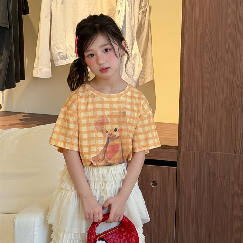 【KID】イエローチェックくまプリント半袖Tシャツ