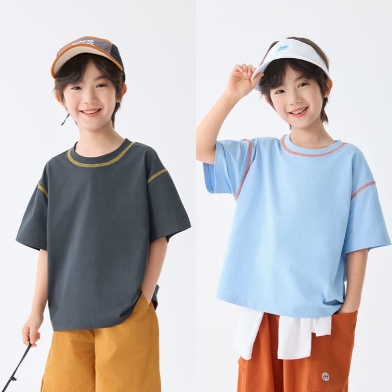 【KID】配色ステッチデザイン半袖クルーネックTシャツ