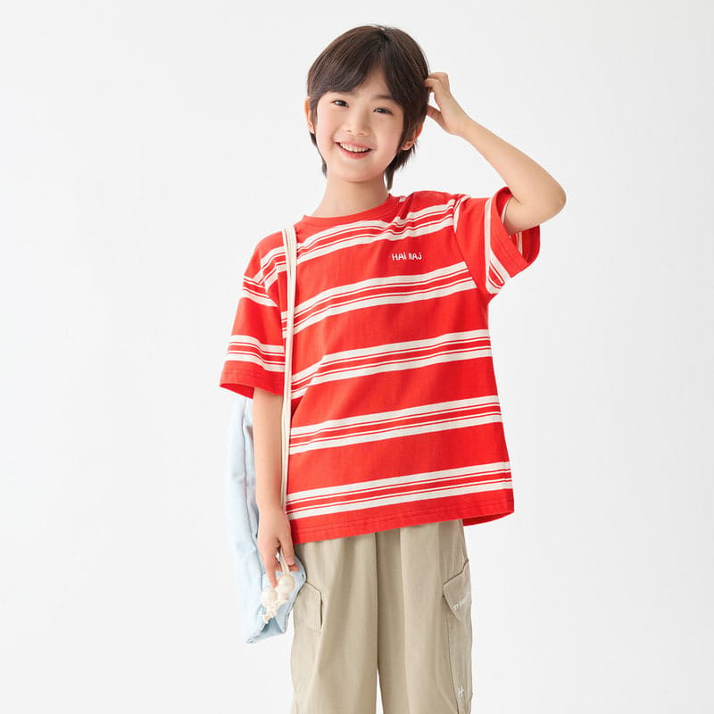 【KID】レッドストライプカジュアル半袖Tシャツ
