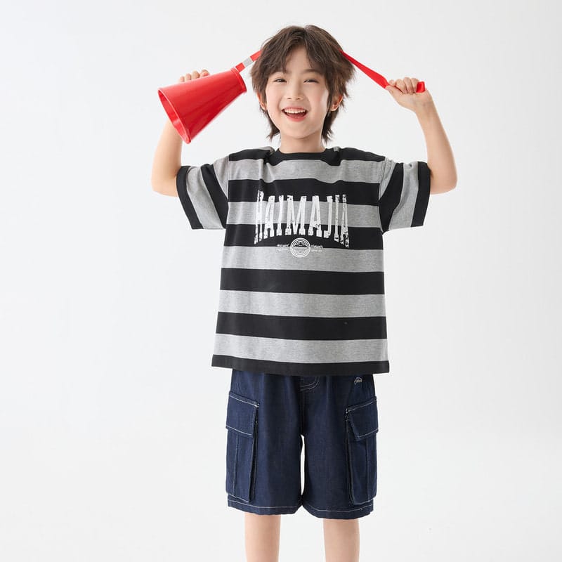 【KID】英字ロゴプリントストライプ半袖Tシャツ