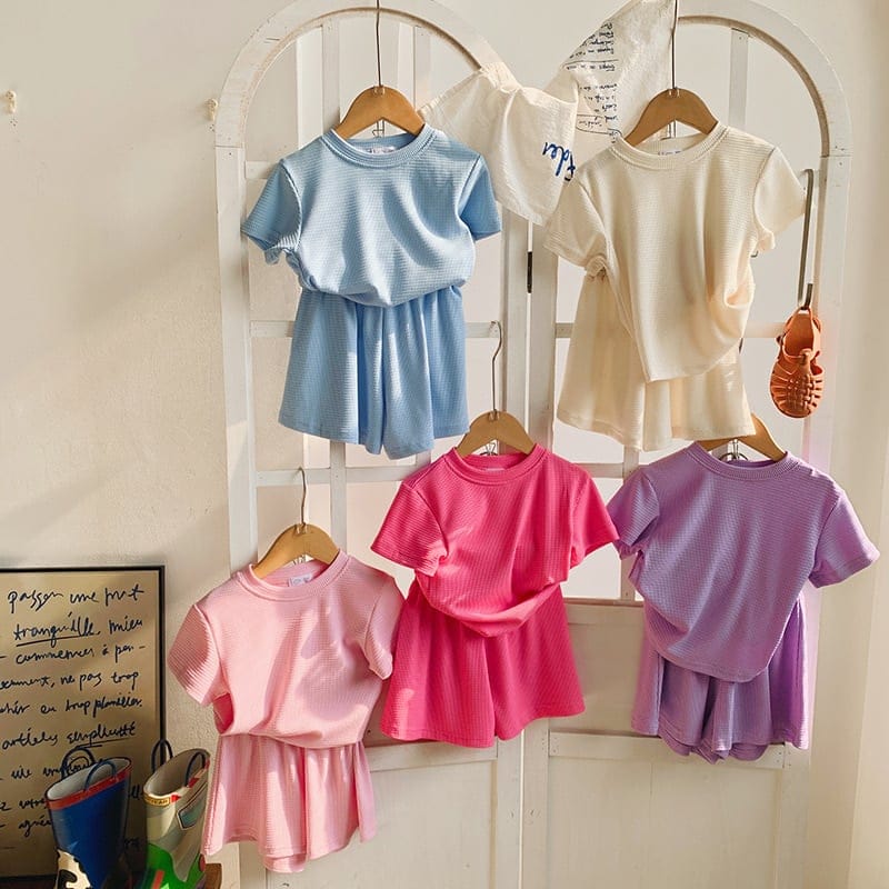 【セット】ワッフル調半袖Tシャツショートパンツセットアップ