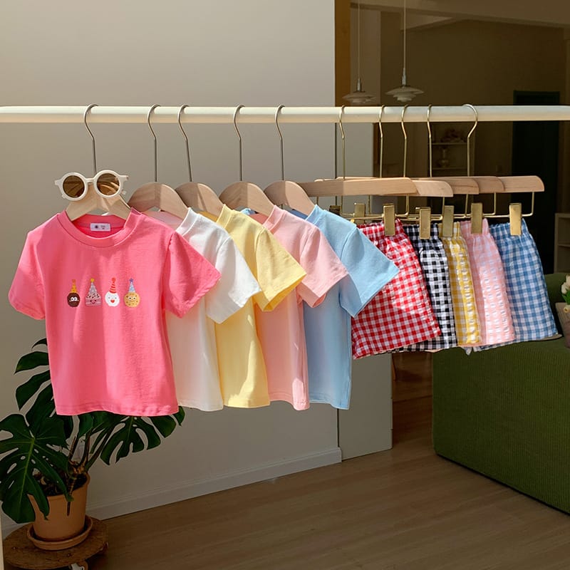【セット】ドーナツパーティー半袖Tシャツチェックショートパンツセットアップ