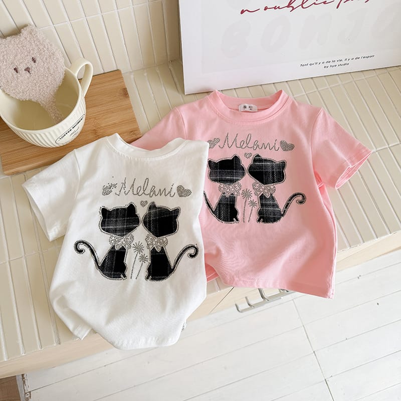 【KID】ラブダブルキャットプリント半袖Tシャツ