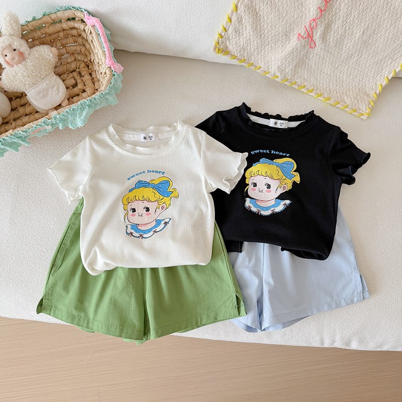 【セット】ブルーリボンガール半袖Tシャツショートパンツセットアップ