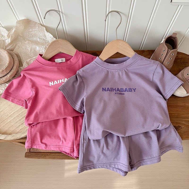 英字ロゴプリント半袖Tシャツハーフパンツセットアップ