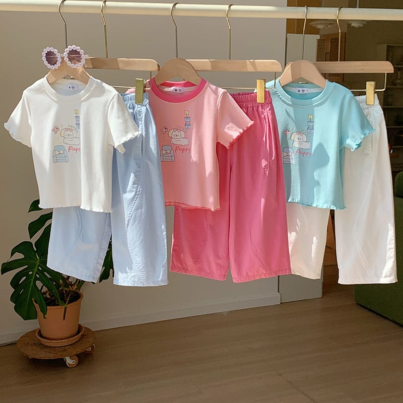 【セット】パピープリントフリル半袖Tシャツパンツセットアップ