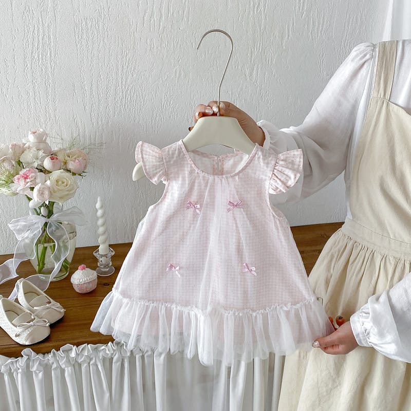 【BABY】ピンクチェックリボンチュールフリルワンピース