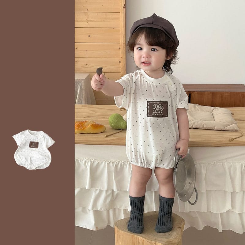 【BABY】ドット柄いぬワッペン半袖ロンパース