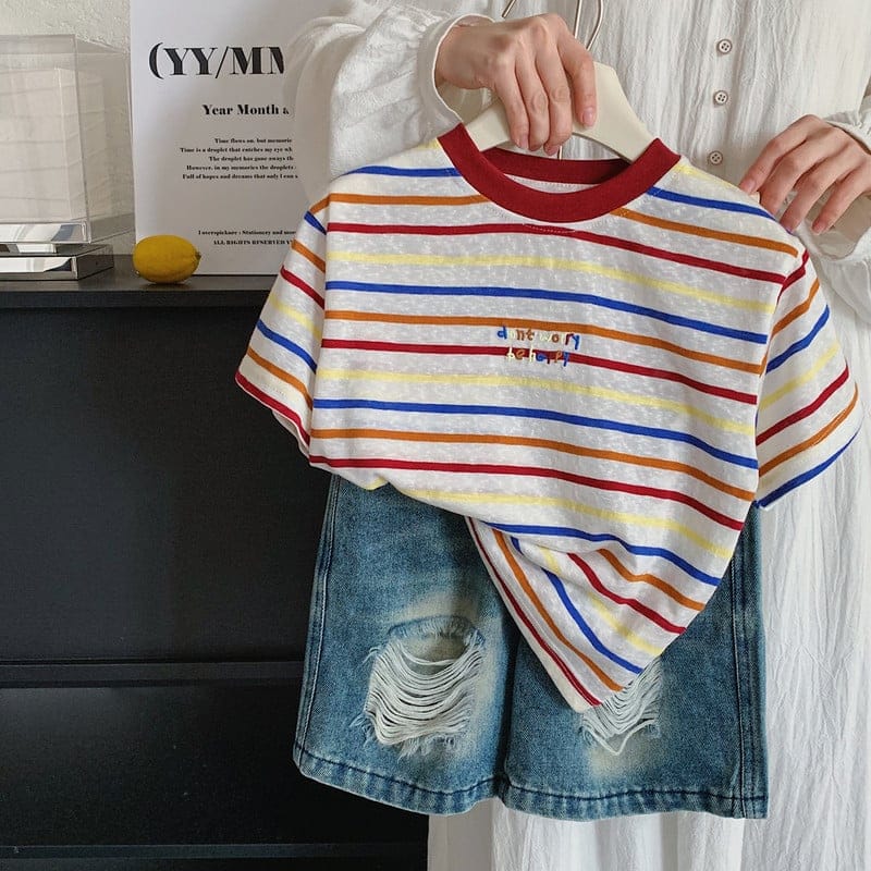 マルチカラーストライプ英字刺繍半袖Tシャツ