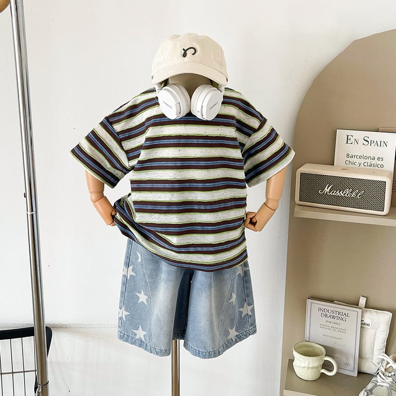 【KID】スターマルチカラーストライプ半袖Tシャツ