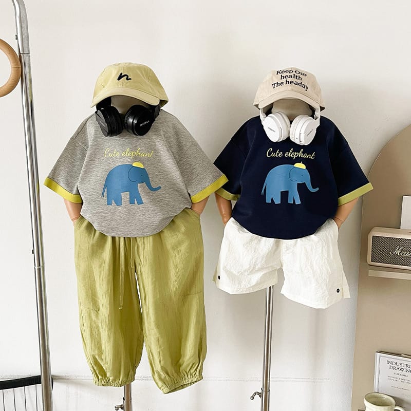 【KID】ぞうプリント配色クルーネック半袖Tシャツ