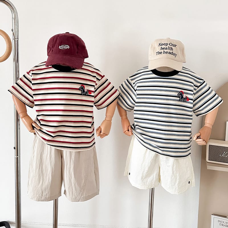 【KID】ホース刺繍マルチストライプ半袖Tシャツ