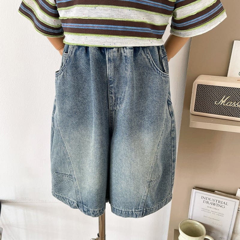 ウォッシュ加工ヴィンテージ風デニムハーフパンツ