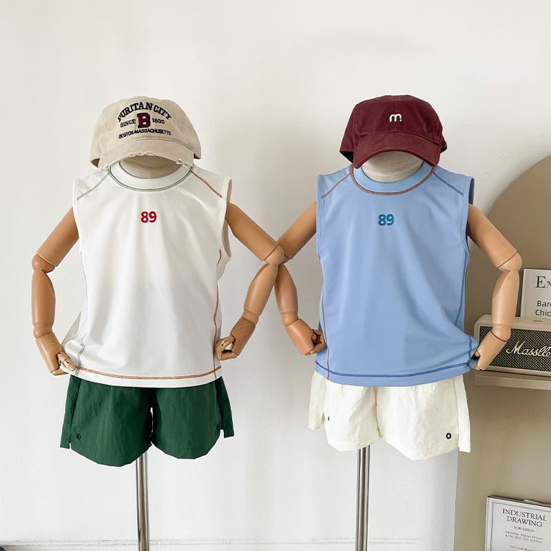 ナンバープリント配色ステッチノースリーブTシャツ