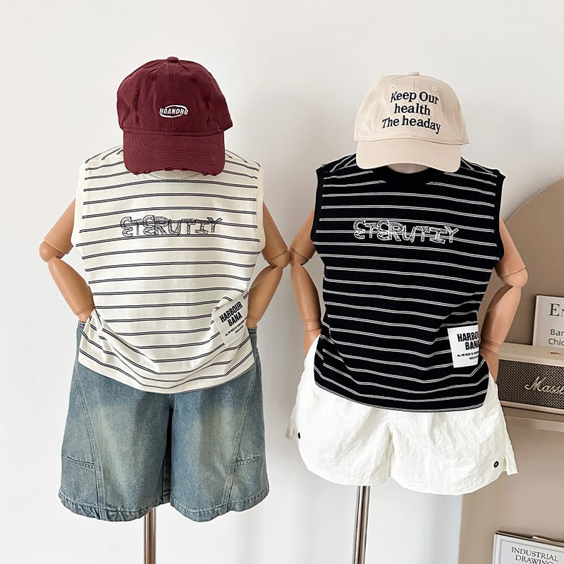 【KID】ストライプ英字ロゴオーバーサイズノースリーブTシャツ