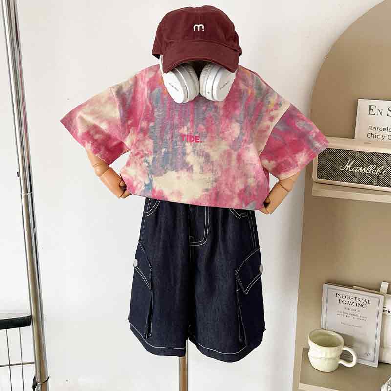 【KID】ステッチデザインカーゴデニムハーフパンツ